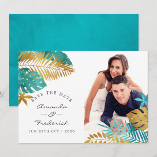 Teal and Gold Tropical Wedding Save the Date Invitation