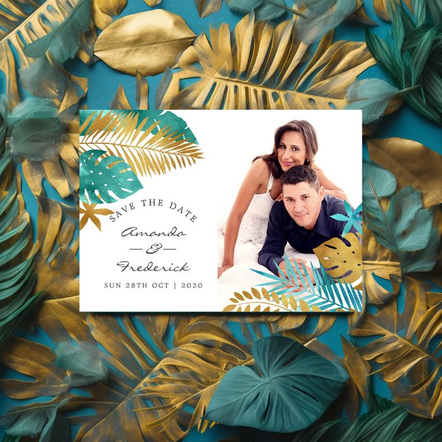 Teal and Gold Tropical Wedding Save the Date Magnetic Invitation (Creator Uploaded)