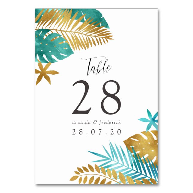 Teal and Gold Tropical Wedding Table Number (Front)