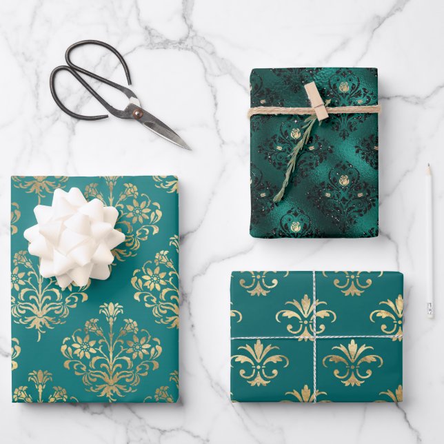 Teal and Gold Vintage Damask Wrapping Paper Sheet (Front)
