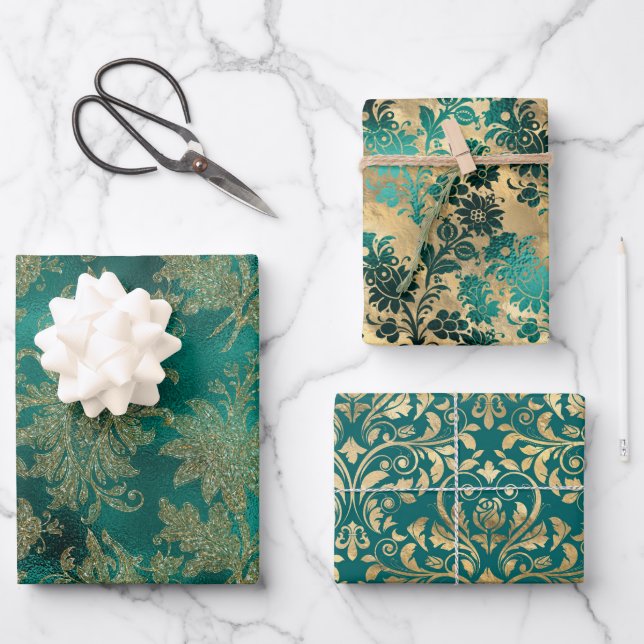 Teal and Gold Vintage Damask Wrapping Paper Sheet (Front)
