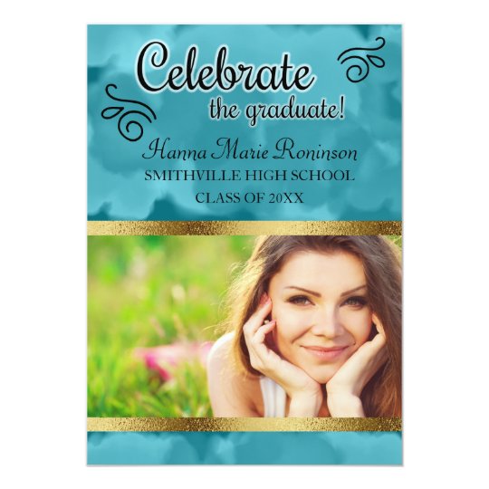 Teal and Gold Watercolor Photo Graduation Party Card