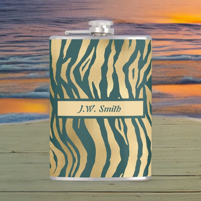 Teal and Gold Wild Animal Print with Name Hip Flask (Creator Uploaded)