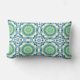 Teal and Green Boho Pattern Lumbar Pillow