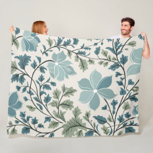 Teal and Green Floral Pattern on Cream Background Fleece Blanket