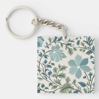Teal and Green Floral Pattern on Cream Background Keychain