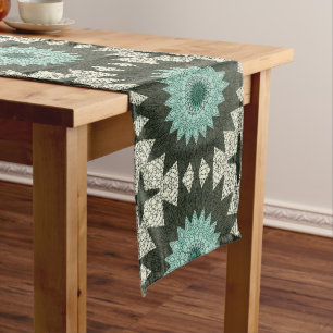 Teal and Green Geometric Mandala Pattern Medium Table Runner