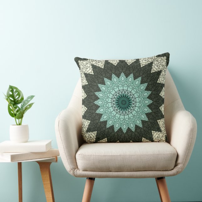 Teal and Green Geometric Mandala Pattern Throw Pillow (Chair)