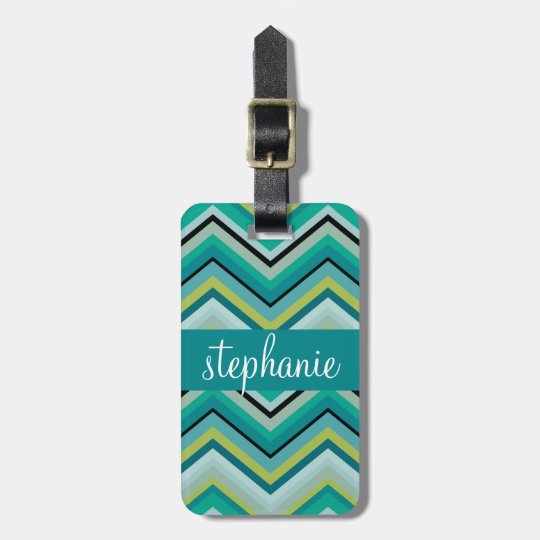 Teal and Green Huge Chevron Pattern Custom Name Luggage Tag