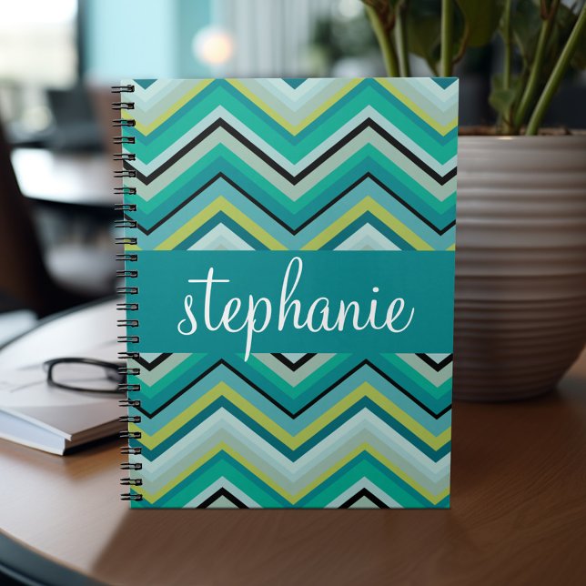 Teal and Green Huge Chevron Pattern Custom Name Notebook (Personalized notebook - add name and custom text)