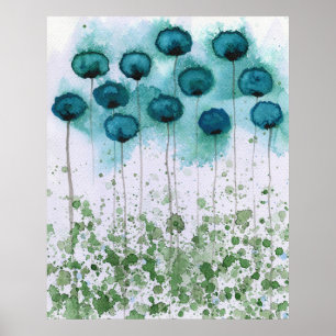 Teal and Green Poppies, Watercolor Flowers Wall Poster