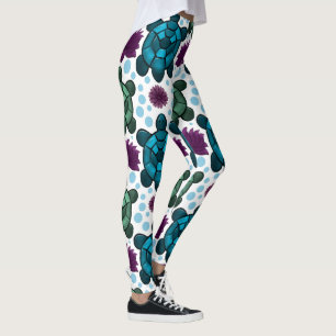 Teal and green sea turtles lotus pattern leggings