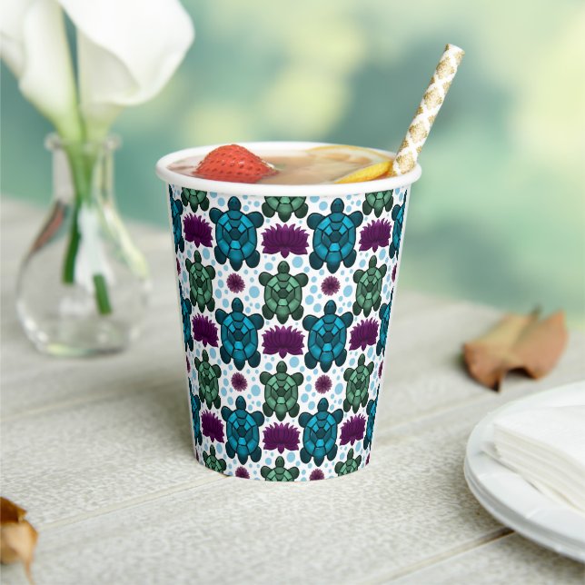 Teal and green sea turtles lotus pattern  paper cups (Insitu)