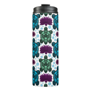 Teal and green sea turtles lotus pattern thermal tumbler