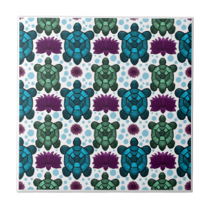 Teal and green sea turtles lotus pattern tile