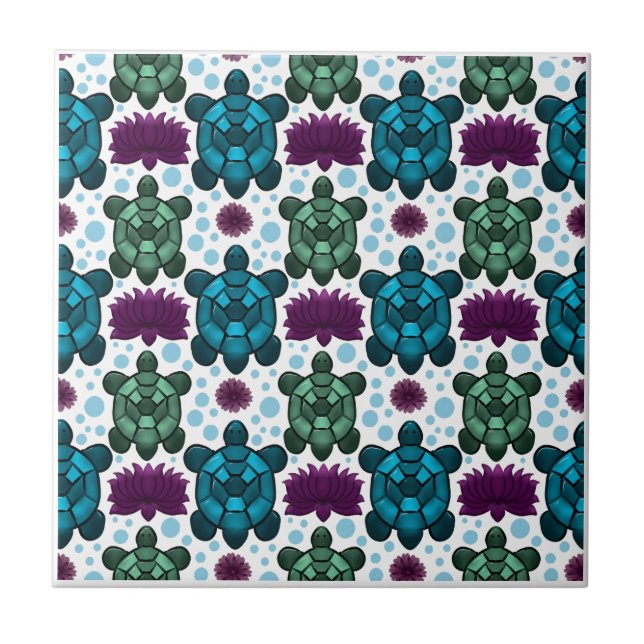 Teal and green sea turtles lotus pattern  tile (Front)