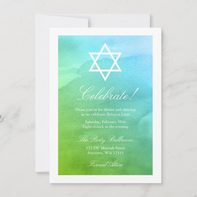 Teal and Green Watercolor Bat Mitzvah Reception Invitation (Front)