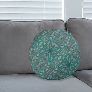 Teal and Grey Boho Chic Abstract Pattern Round Pillow