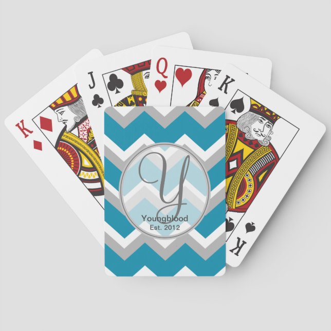 Teal and Grey Chevron Monogram Playing Cards (Back)
