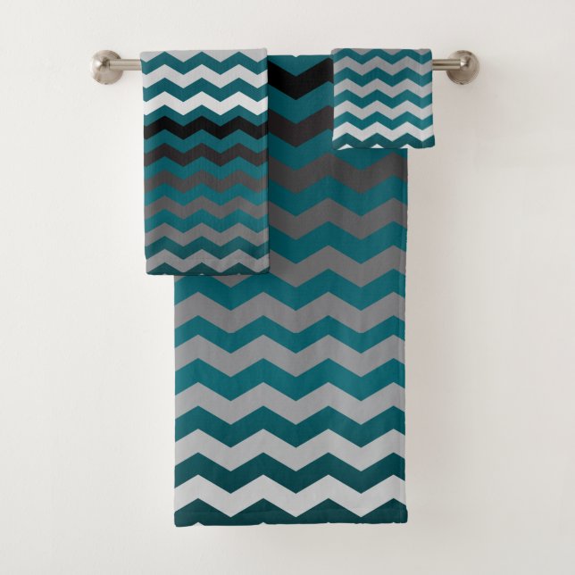 Teal and Grey Chevron Stripes Bath Towel Set (Insitu)