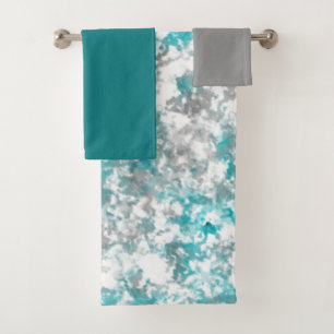 Teal and Grey Marble Bath Towel Set