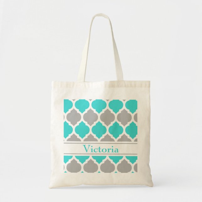 Teal and Grey Moroccan Trellis Tote Bag (Front)