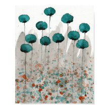 Teal and Grey Poppies, Watercolor Flowers Wall