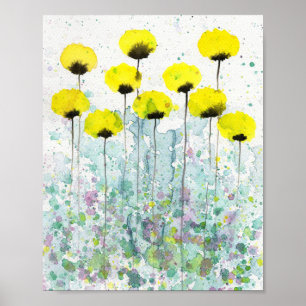 Teal and Grey Poppies, Watercolor Flowers Wall Poster