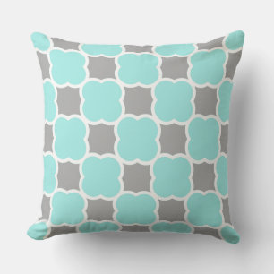 Teal and Grey Quatrefoil Pattern Print Throw Pillow