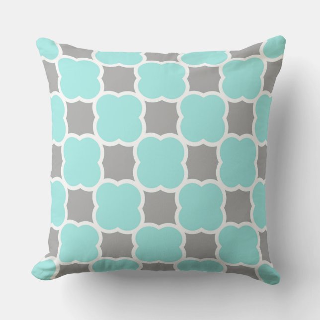 Teal and Grey Quatrefoil Pattern Print Throw Pillow (Front)