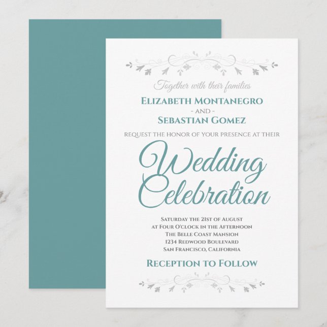 Teal and Grey Simple Elegant Wedding Invitation (Front/Back)