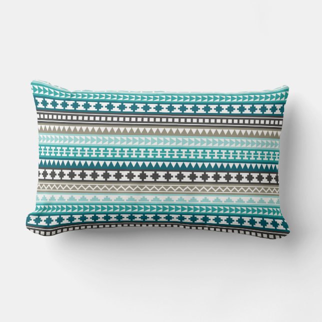 Teal and Grey Tribal Aztec Pattern Lumbar Pillow (Front)