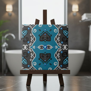 Teal and Grey Vintage Damask Rhinestones Pattern Tile