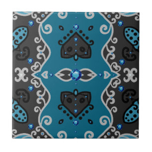 Teal and Grey Vintage Damask Rhinestones Pattern Tile