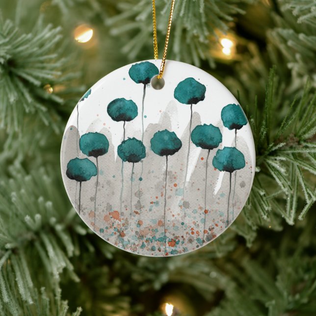 Teal and Grey Watercolor Flowers Ceramic Ornament (Tree)