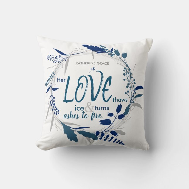 Teal and Grey Wreath Poetry Throw Pillow (Front)