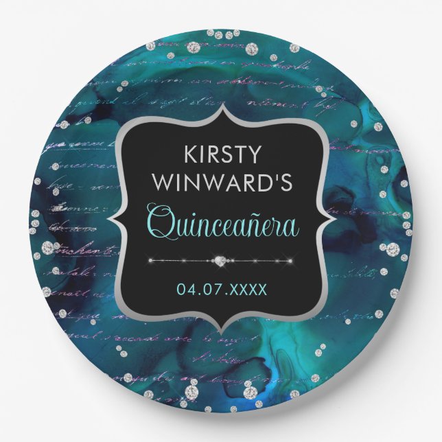 Teal and Iridescent Glitter Letters Quinceanera Paper Plate (Front)