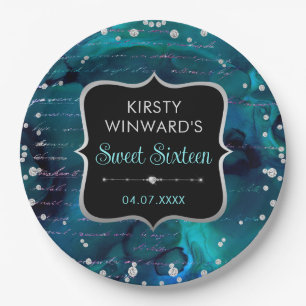 Teal and Iridescent Glitter Letters Sweet 16 Paper Plate