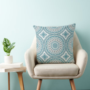 Teal and Ivory Abstract Mandala Pattern Throw Pillow