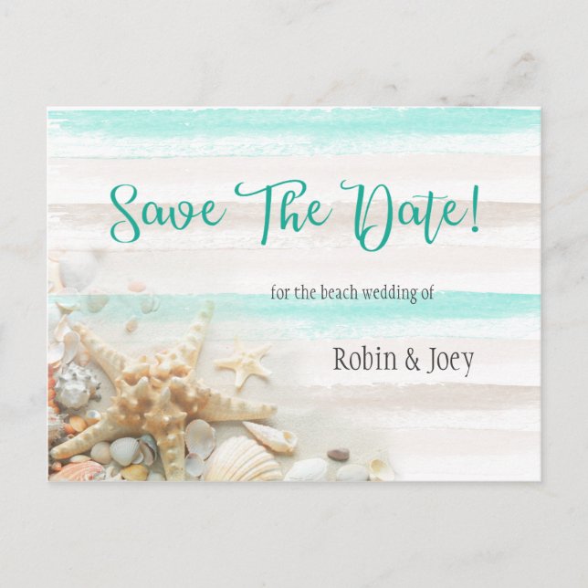Teal and Ivory Stripes Seashells Save The Date Announcement Postcard (Front)