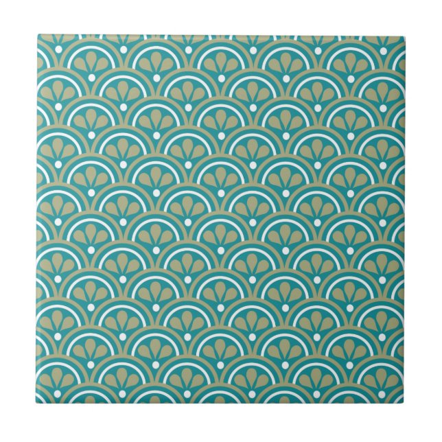 Teal And Khaki  Floral Art Deco Pattern Tile (Front)