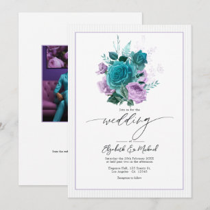 Teal and Lavender Floral Wedding Photo Invitation