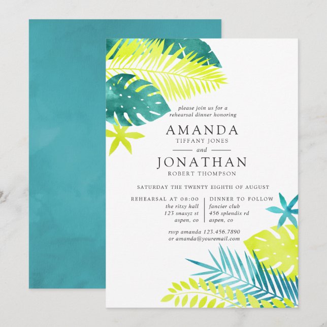 Teal and Lemon Tropical Rehearsal Dinner invite (Front/Back)