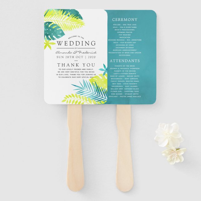 Teal and Lemon Tropical Wedding Program Hand Fan (Front and Back)