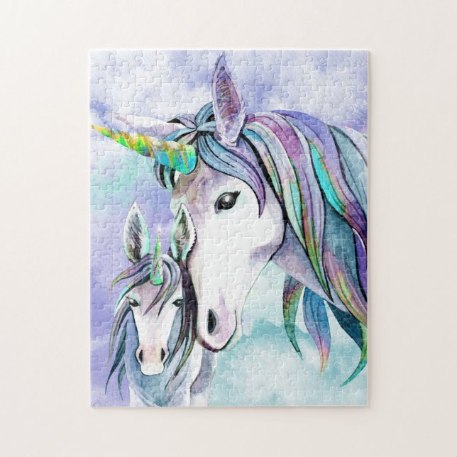Teal and Lilac Unicorn Mother and Child Jigsaw Puzzle (Vertical)