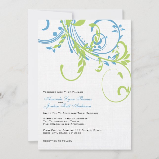 Teal and Lime Double Floral Wedding Invitation (Front)