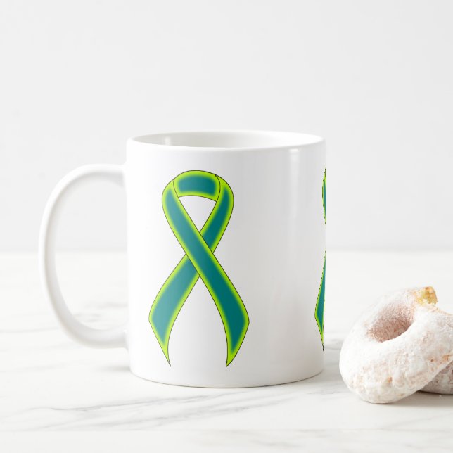 Teal and Lime Green Awareness Ribbon Coffee Mug (With Donut)