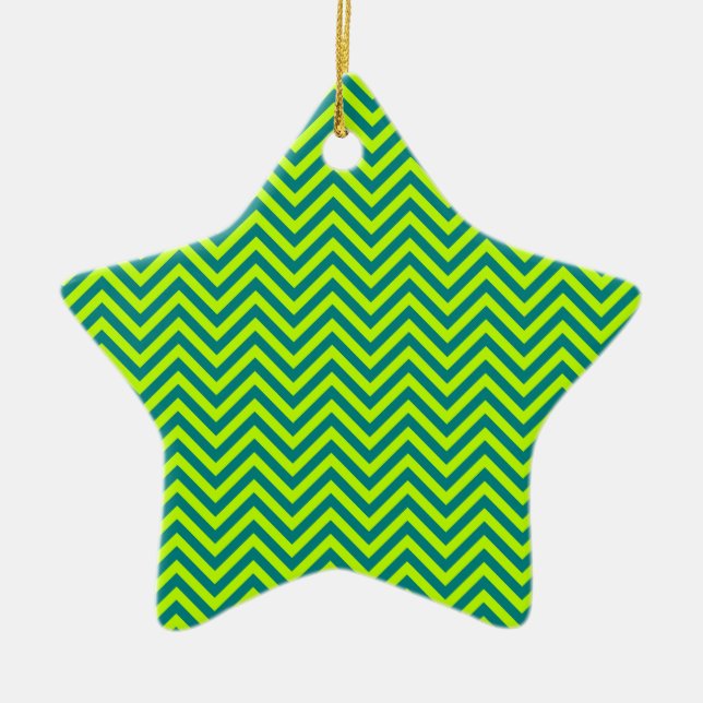 Teal And Lime Green Chevron Pattern Ceramic Ornament (Front)