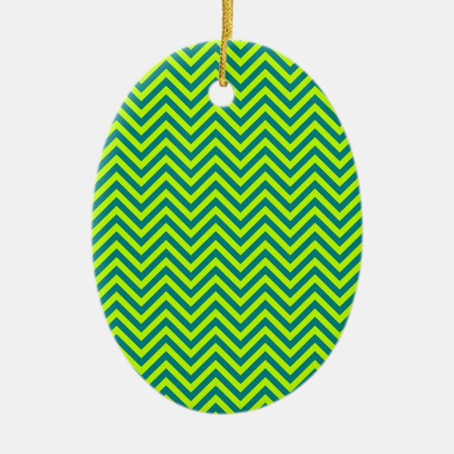 Teal And Lime Green Chevron Pattern Ceramic Ornament (Front)
