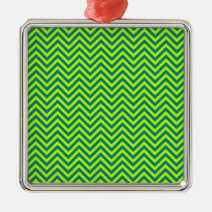 Teal And Lime Green Chevron Pattern Metal Ornament